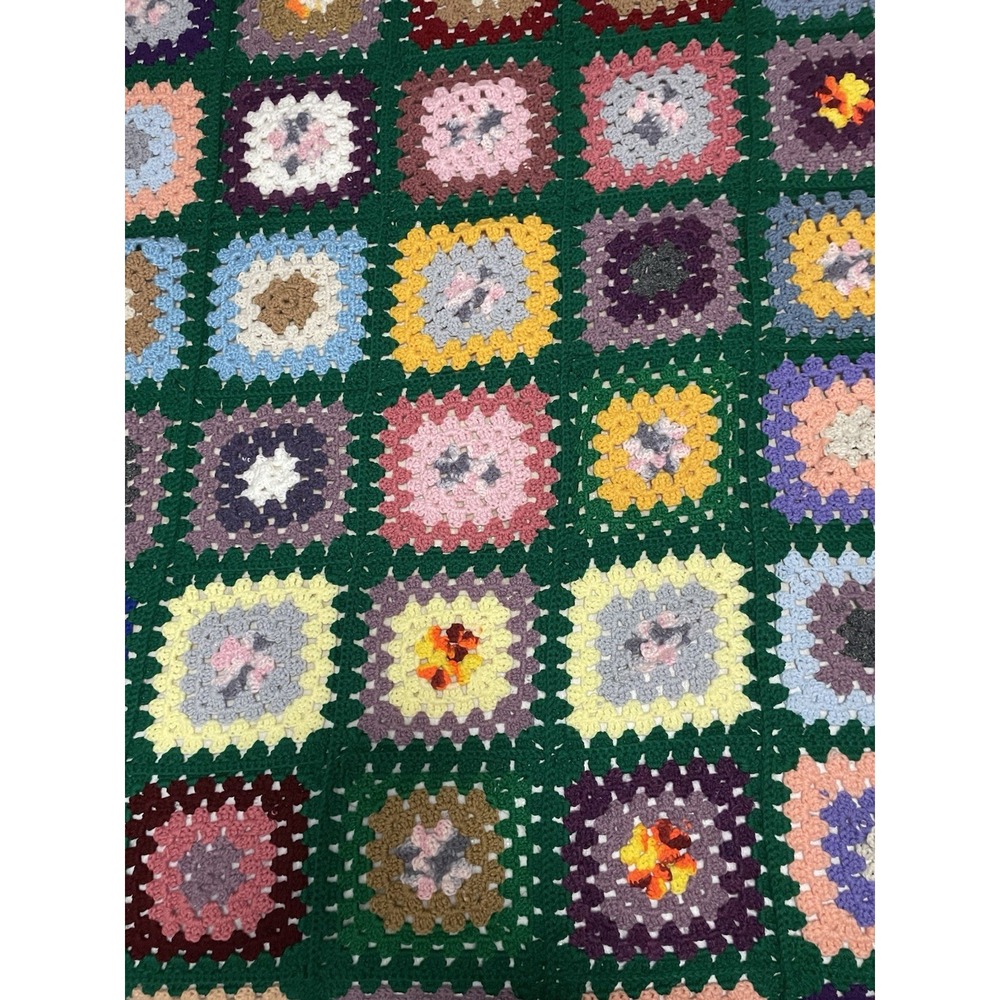 Handmade Vintage Granny Square Afghan Queen Size 71" X 81" Green Border